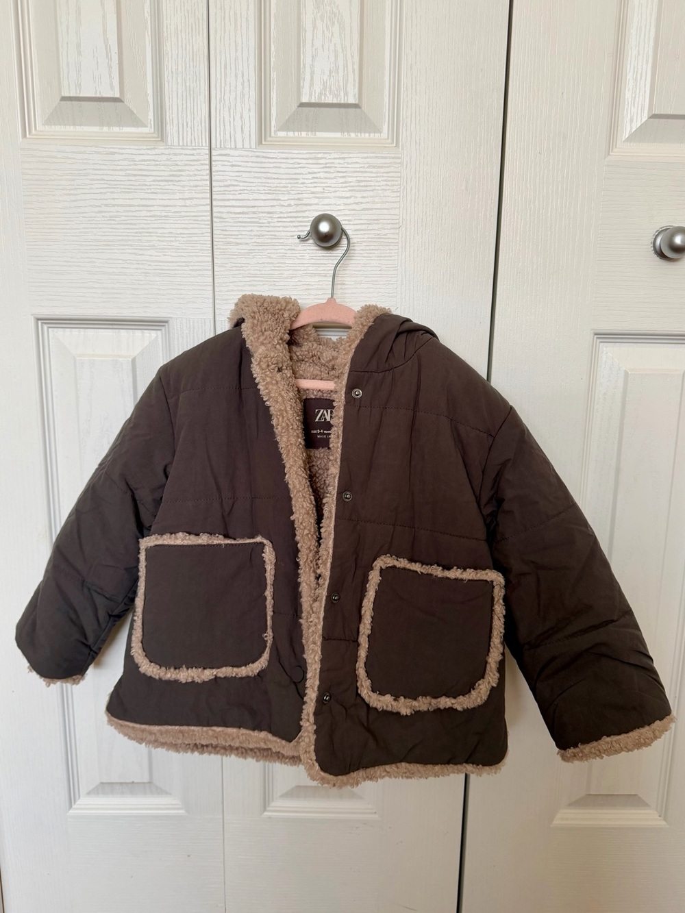 Zara Kids Dark Brown Quilted Hooded Puffer with Sherpa Trim
